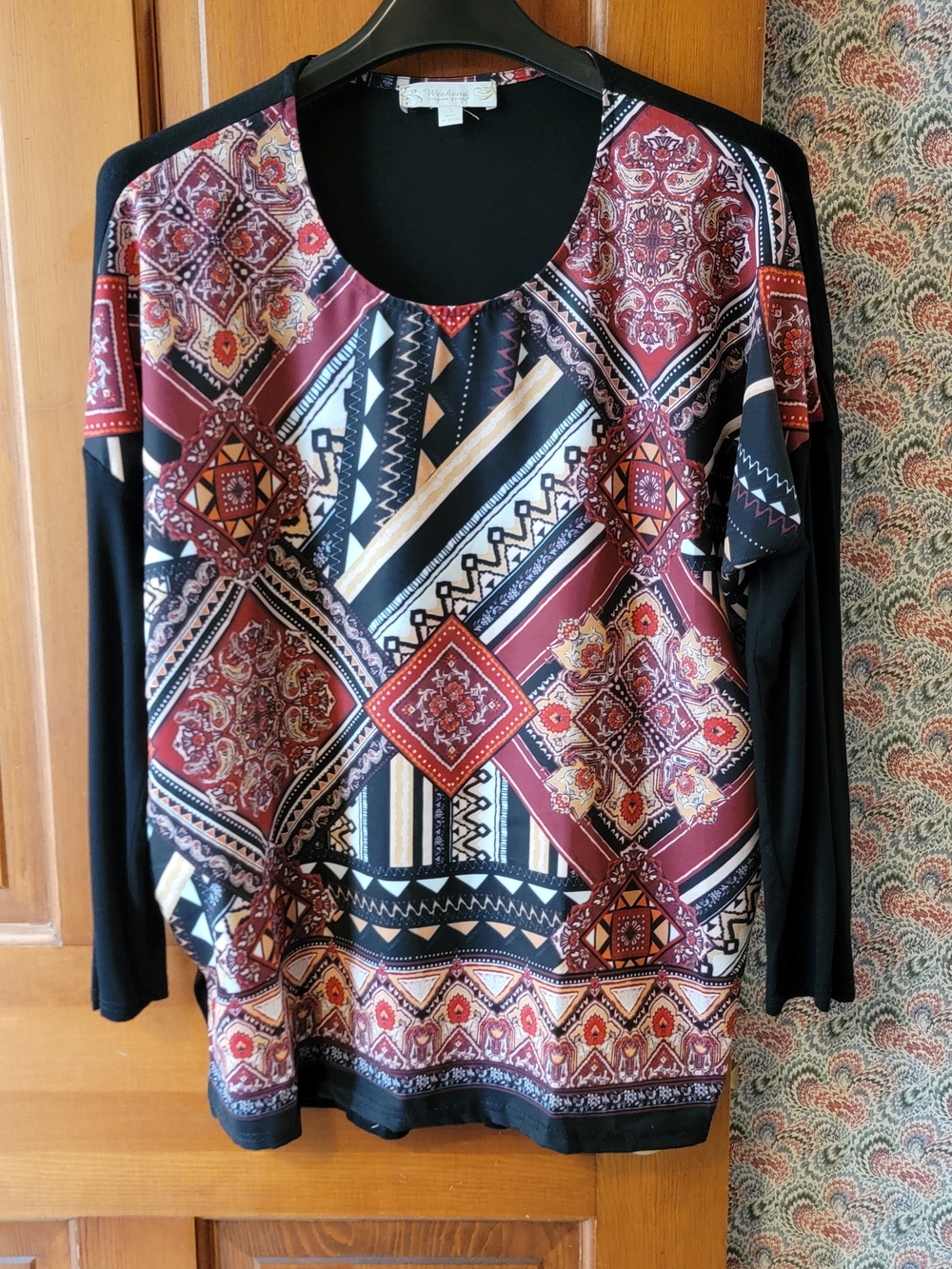 Weekend by Suzanne Betro Mixed Boho Pattern Colorblock Top Knit Blouse Small